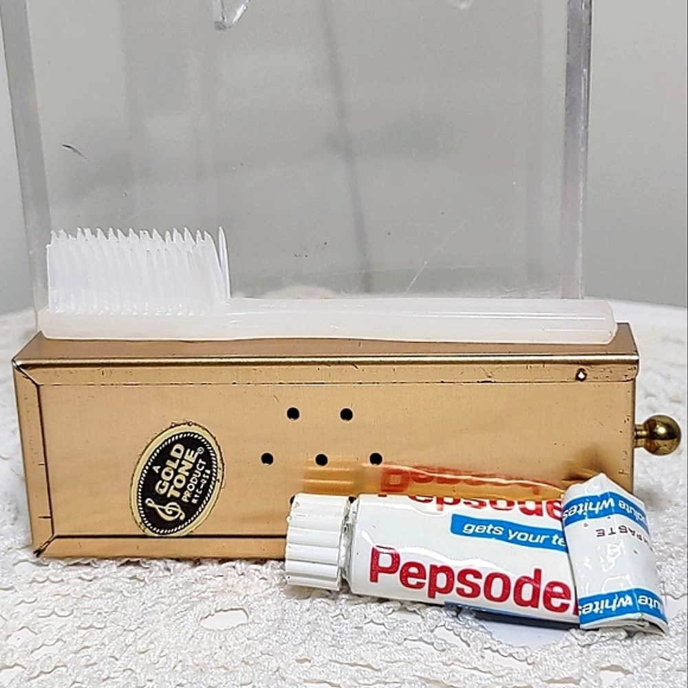 Vintage Mid-Century Metal Toothbrush Travel Case Pepsodent Toothpaste Gold Tone